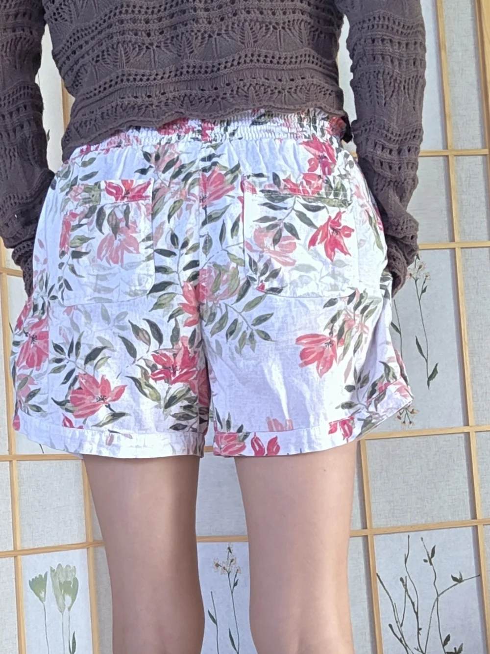 Briggs Cotton Floral Drawstring Waist Shorts - Coral & Olive on Cream - Picture 10 of 12